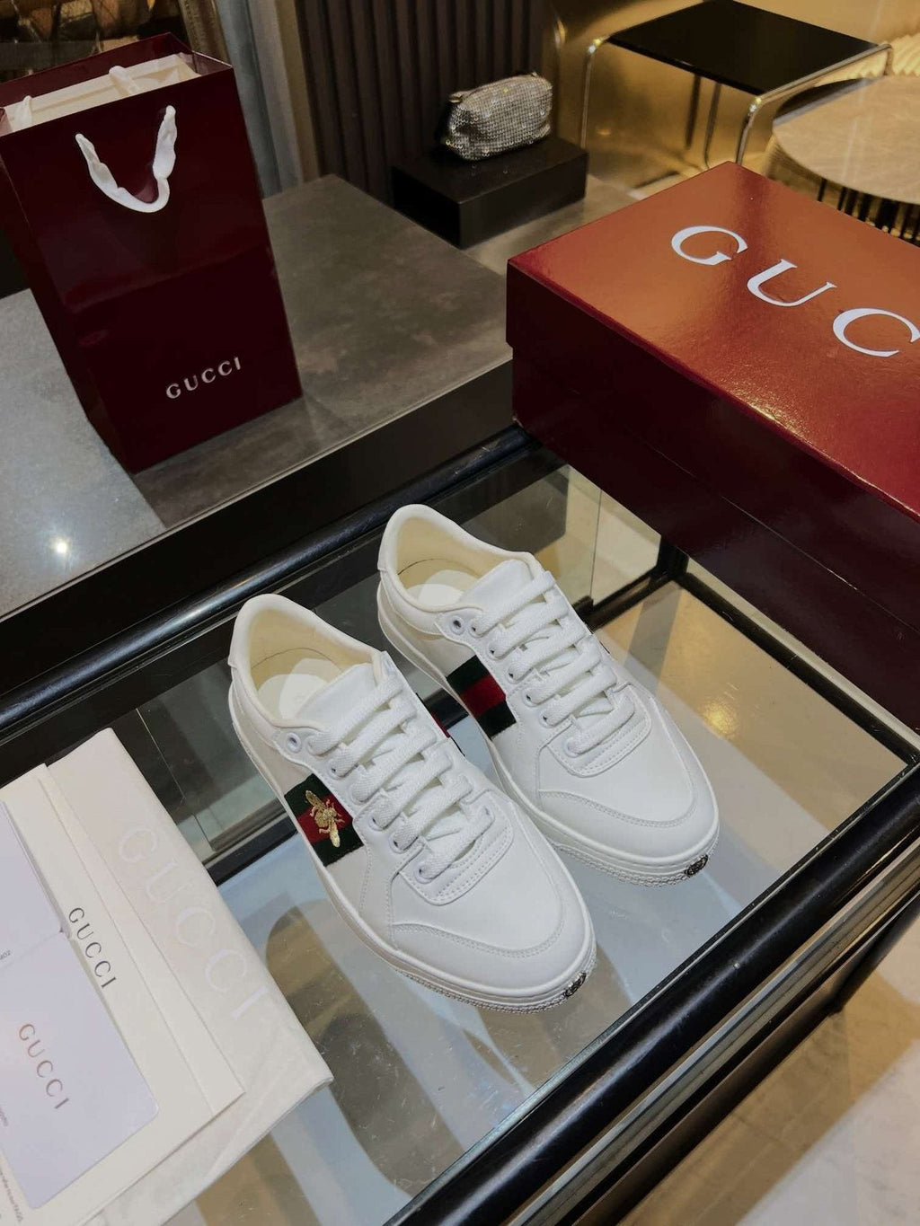 Gucci White Stripe Bee Low-Top Sneakers - White Rubber Sole